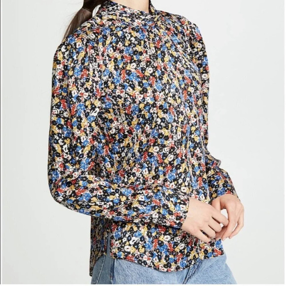 Veronica Beard Mena Gathered Floral Puff Sleeve Top Silk 0 Mock Neck - Picture 7 of 13
